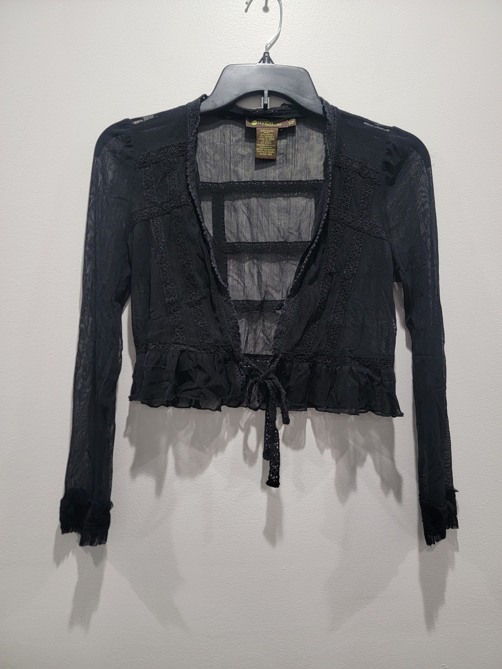 Black Sheer Crop Lace-Trim Tie-Front Women's Shrug Sz Small